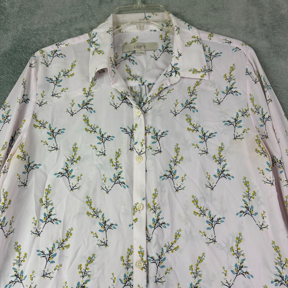 LOFT Womens M Pink Floral Button Down Roll Tab‎ Sleeve Blouse Botanical Career - Picture 2 of 12
